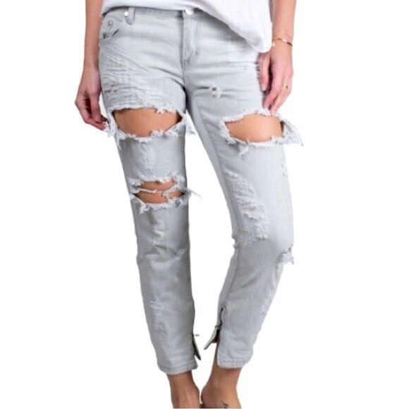 NWT One Teaspoon Trashed Free Birds Grey Skinny Distressed Low Rise Denim Siz 26 - Picture 1 of 14